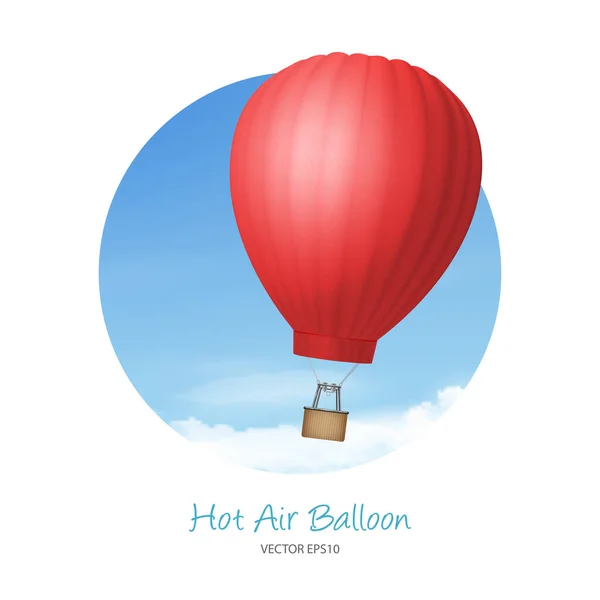 Vektor 3d realistický červený horkovzdušný balón na pozadí modrého nebe. Navrhnout šablonu pro značku. Prázdný aerostat pro letní dovolenou, cestování, cestovní ruch, koncepce cesty — Stockový vektor