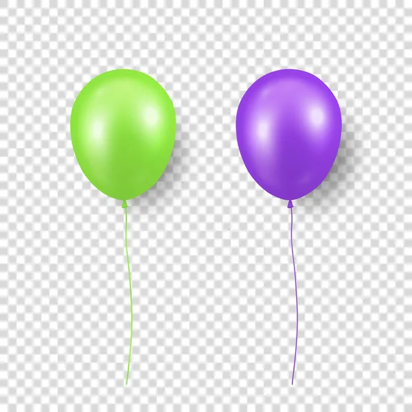Vector 3d Realistic Glossy Metallic Green and Purple Balloon with Ribbon Icon Closeup Isolated on Transparent Background. Translucent Baloons Design Template for Mockup. Anniversary, Birthday Party — ストックベクタ