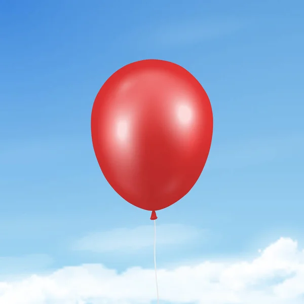 Bulutlu Mavi Gökyüzü Arkaplanı 'nda Vektör 3d Gerçekçi Metalik Kırmızı Balon Simgesi Kapanışı. Mockup için Şeffaf Balonun Tasarım Şablonu. Yıldönümü, doğum günü partisi. Ön Görünüm — Stok Vektör