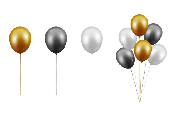 Vektor realistisch glänzend metallic gold, schwarz, weiß ballon set nahaufnahme isoliert auf weißem hintergrund. Bündel, Gruppe. Designvorlage für transluzente Heliumballons, Attrappe, Jubiläum, Geburtstagsfeier — Stockvektor