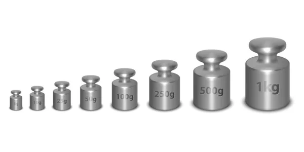 Vektor 3D realistische Metallstahl Silber Kalibrierlabor Gewicht verschiedene Größen Symbol-Set Nahaufnahme isoliert auf weißem Hintergrund. Design-Vorlage für kleine Gewichte für mechanische Schmuckwaagen — Stockvektor