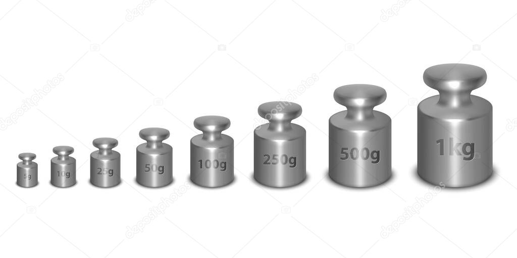 Vector 3d Realistic Metal Steel Silver Calibration Laboratory Weight Different Sizes Icon Set Closeup Isolated on White Background. Design Template of Little Weights for Mechanical Jewelry Scales