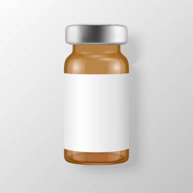 Vektör 3d Gerçekçi Kahverengi Aşı Şişesi Beyaz Arkaplan 'da izole edildi. Uyuşturucu Ampulü Tasarım Şablonu, Clipart, Mockup. Aşı konsepti. Üst Görünüm