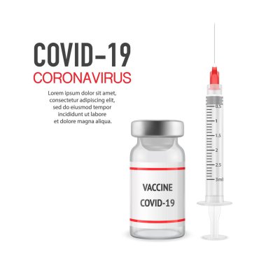 Vektör Banner veya 3 boyutlu Gerçekçi Şırınga ve Şırıngalı Plakkart. COVID-19 Coronavirus aşısı. Beyaz Arkaplan 'da izole edilmiş. Uyuşturucu Ampulü Tasarım Şablonu, Clipart, Mockup. Aşılama kavramı