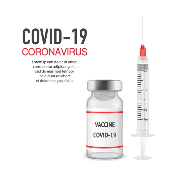 Vector Banner or Placard with 3d Realist Bottle and Syringe COVID-19 Coronavirus Vaccine. Розташований на білому фоні. Drug Ampoule Design Template, Clipart, Mockup. Концепція вакцинації — стоковий вектор