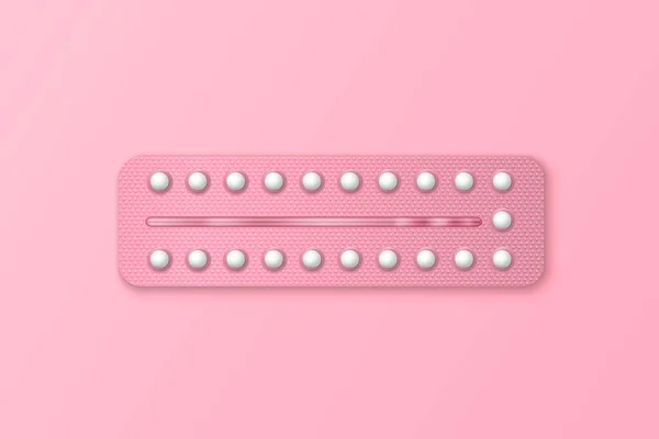 Bannière vectorielle avec emballage réaliste de pilules contraceptives en gros plan isolé sur fond rose. Pilule contraceptive, pilules hormonales. Modèle de conception. Planning Pregnancy Concept. Vue du dessus — Image vectorielle