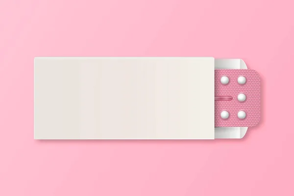 Vektor-Banner mit realistischer Verpackung von Antibabypillen in Blister-Nahaufnahme isoliert auf rosa Hintergrund. Antibabypille, Hormonpillen. Design Template vorhanden. Planung Schwangerschaftskonzept. Ansicht von oben — Stockvektor
