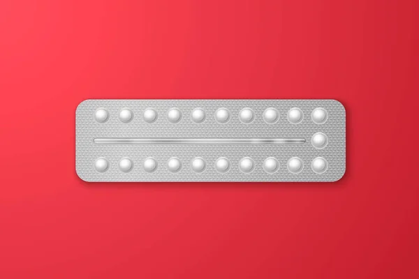 Baner wektorowy z realistycznym opakowaniem tabletek antykoncepcyjnych w blistrze Odizolowany na czerwonym tle. Pigułki antykoncepcyjne, tabletki hormonalne. Wzór szablonu. Koncepcja planowania ciąży. Widok z góry — Wektor stockowy