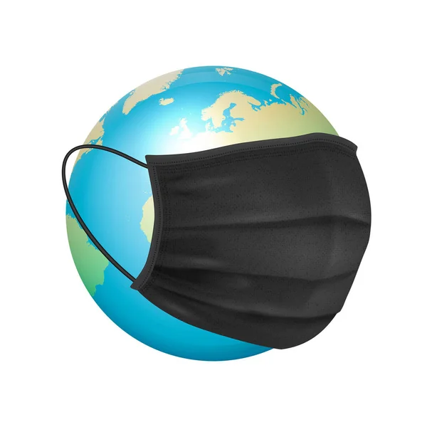 Vector Banner, itt Placard. 3d Realisztikus Globe, Earth Planet and Face Medical Protect Maszk Szoros izolált fehér háttér. Coronavirus, 2019-nCoV, Covid-19. Fertőzés, veszélyes fogantatás — Stock Vector