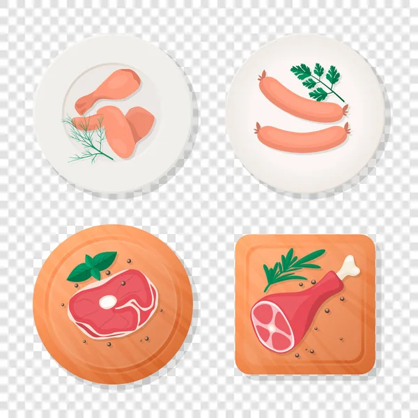 Vector Fresh Pieces of Raw Meat, Chicken Wing, Drumstick, Sausage, Tenderloin Fillet, Ham, Greens on Plate, Cutting Board Icon Set Isolated, Cartoon Style. Food BBQ Concept, Design Template. Top View — Stock Vector
