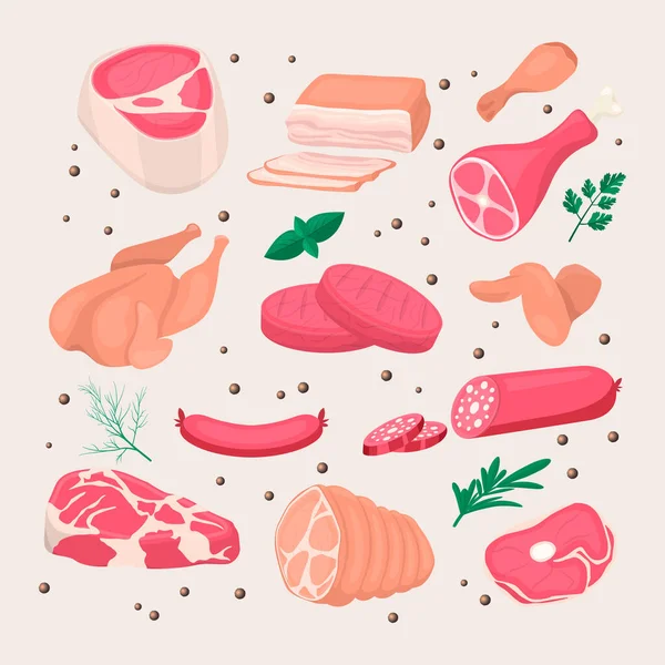 Vector Fresh Pieces of Raw Meat, Chicken, Sausage, Rib Eye, Tenderloin Fillet, Ham, Bacon, Greens Icon Set for BBQ Isolated in Cartoon Style. Food Concept, Design Template for Menu, Meal Shop — Stock Vector