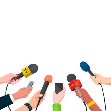 Çizgi film tarzında Gazetecilik Kavramsal Vektör İllüzyonu. Eller Tutuşlu Mikrofonlar ve Ses Kayıt Cihazı. Sıcak Haber Şablonu, Beyaz Arkaplanda İzole Edildi