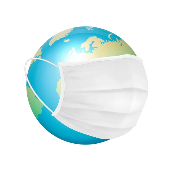 Vector Banner, itt Placard. 3d Realisztikus Globe, Earth Planet and Face Medical Protect Maszk Szoros izolált fehér háttér. Coronavirus, 2019-nCoV, Covid-19. Fertőzés, veszélyes fogantatás — Stock Vector