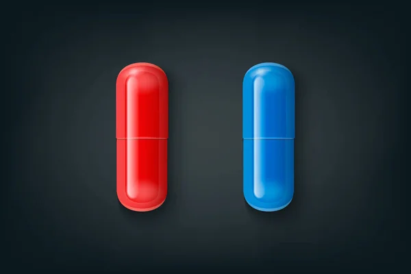 Vector Realistic 3d Red, Blue Medical Pill Closeup Isolated on Black Background. 《 로스앤젤레스 타임스 》 ( 영어 ). 디자인 템플릿. 여성의 건강에 대한 개념. 선택의 개념. 여성들의 건강 관리, 비타민 과 보충. 위에서 본 광경 — 스톡 벡터