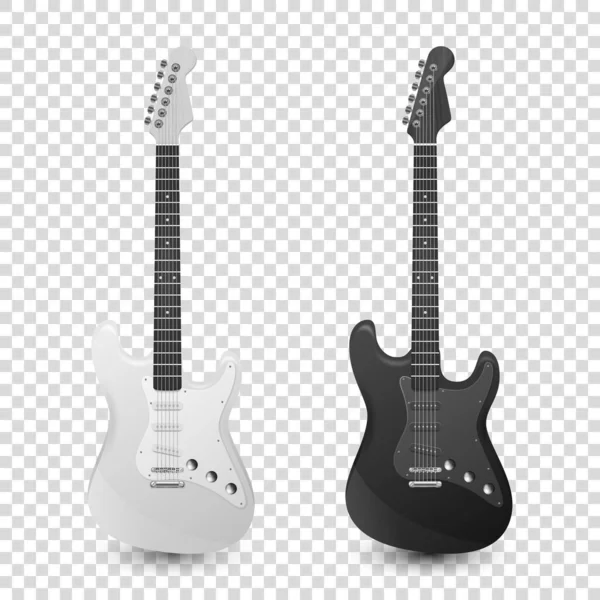 Vector 3d Réaliste Blanc et Noir Classique Vieux Rétro Electro Guitare en Bois Icône Set Fermer Isolé sur fond transparent. Modèle de conception, Maquette, Clipart. Concept d'art musical — Image vectorielle