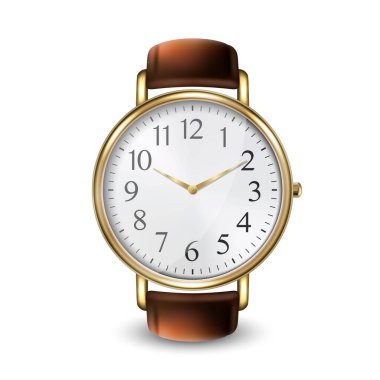 3d Vector Realistik Altın Klasik Unisex Bileklik İzleme Simgesi Beyaz Arkaplan 'da izole edildi. Deri bileklikli Kol Saatinin Şablonu. Üst Görünüm