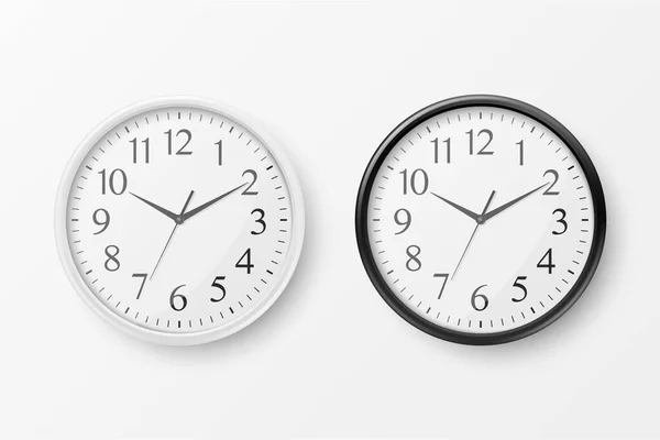 Векторный 3D реалистичный простой круглый белый и черный стены офиса часы с белым набором значков набора крупным планом изолированы на белом фоне. Design Template, Mock-up for Branding, Advertise. Вид спереди или сверху — стоковый вектор