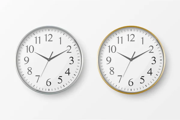 Vector 3d Realistic Simple Round Silver and Golden Wall Office Clock mit weißem Zifferblatt Icon Set Nahaufnahme isoliert auf weißem Hintergrund. Design-Vorlage, Mock-up für Branding, Werbung. Ansicht von vorne oder von oben — Stockvektor