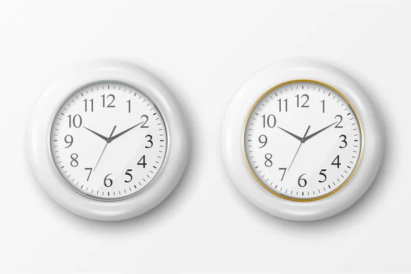 白の背景に隔離された白のダイヤルアイコンセットの閉鎖とベクトル3D現実的なシンプルなラウンドホワイトとブラックの壁のオフィスの時計。デザインテンプレート,ブランディングのためのモックアップ,広告.フロントビューまたはトップビュー — ストックベクタ