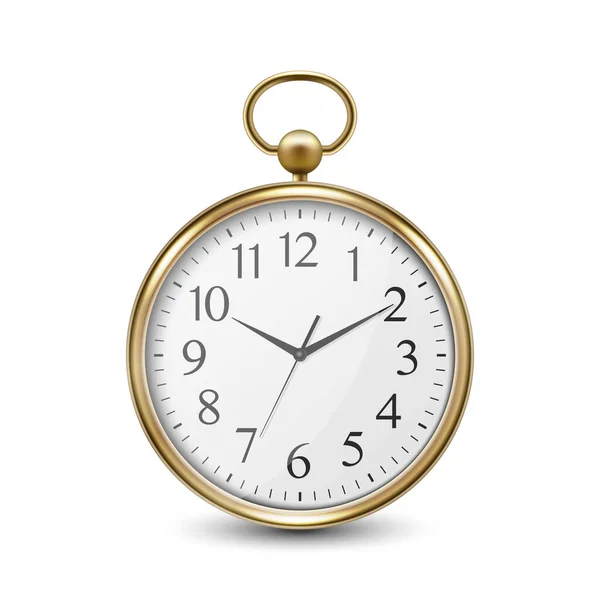 3d métal réaliste doré vieille montre de poche vintage icône en gros plan isolé sur fond blanc. Antique Clock Face, Modèle de conception, Illustration vectorielle de stock — Image vectorielle