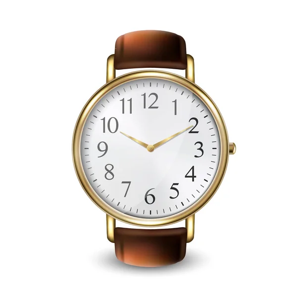 3D vektor Realistické Golden Classic Vintage Unisex náramkové hodinky Ikona Closeup Izolované na bílém pozadí. Design šablony náramkových hodinek s koženým náramkem. Pohled nahoru — Stockový vektor