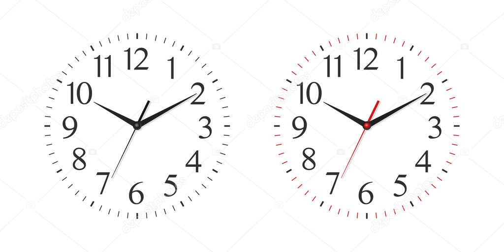 Vector 3d Realistic Simple Round Wall Office Clock, White Dial Set Closeup Isolated on White Background. Design Template, Mock-up for Branding, Advertise