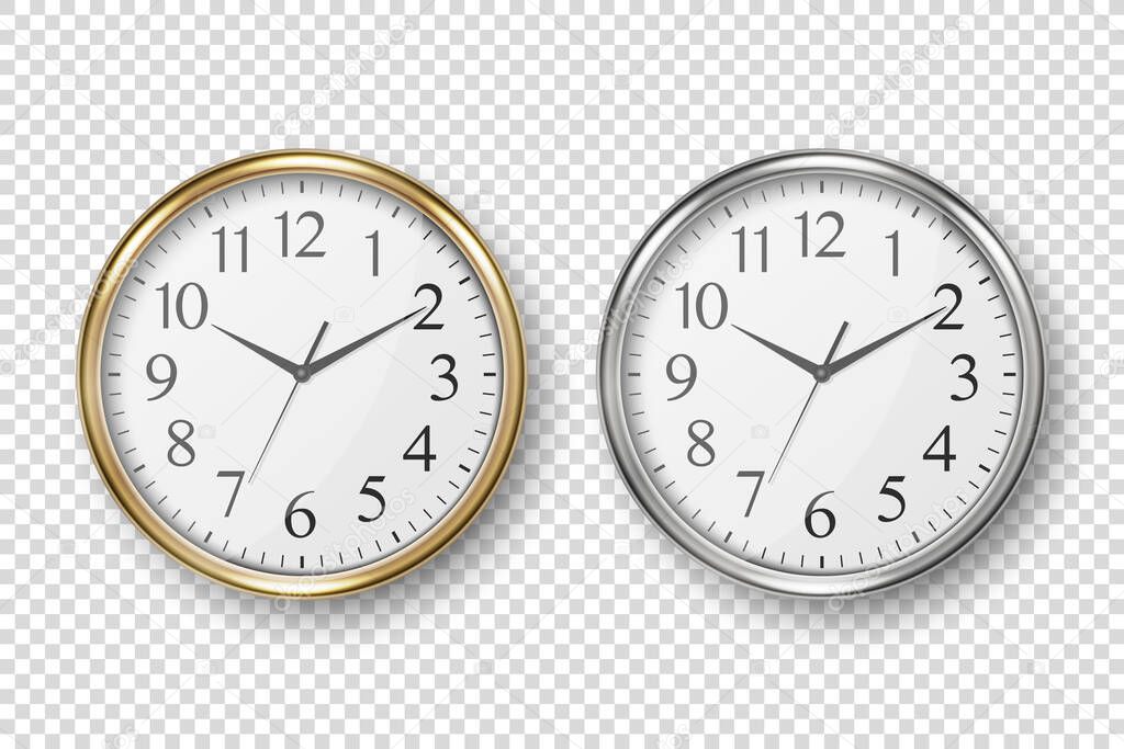 Vector 3d Realistic Simple Round Silver and Golden Wall Office Clock with White Dial Icon Set Closeup Isolated on White Background. Design Template, Mock-up for Branding, Advertise. Front or Top View