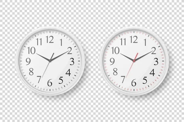 Vector 3d realista simple redondo blanco pared reloj de oficina con esfera blanca icono conjunto primer plano aislado sobre fondo transparente. Plantilla de diseño, Maqueta para Branding, Anunciar. Vista frontal o superior — Vector de stock