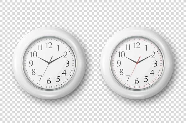 Vector 3d Realistic Simple Round White Wall Office Clock with White Dial Icon Set Closeup Isolated on Transparent Background. Design Template, Mock-up for Branding, Advertising. 앞면이나 윗면 — 스톡 벡터