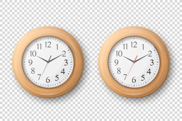 Vector 3d Realistic Simple Round Wooden Wall Office Clock mit weißem Zifferblatt Icon Set Nahaufnahme isoliert auf transparentem Hintergrund. Design-Vorlage, Mock-up für Branding, Werbung. Ansicht von vorne oder von oben — Stockvektor