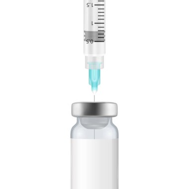 Vektör 3d Gerçekçi Şişe ve Şırınga. Coronavirus aşısı, botoks, dolgular, enjeksiyonlar, Hyaluronic Asit Kapanması izole edildi. Uyuşturucu Ampulü Tasarım Şablonu, Mockup. Aşı konsepti. Ön Görünüm
