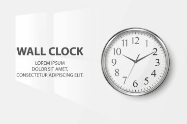 Vektör 3d Gerçekçi Basit Yuvarlak Gümüş Duvar Ofis Saati Beyaz Arka planda Beyaz Çevirmeli Kapalı Kapalı. Tasarım Şablonu, Marka Model, Reklam. Ön Görünüm