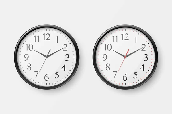 Vector 3d Realistic Simple Round Black Wall Office Clock with White Dial Icon Set Zbliżenie Izolowane na białym tle. Wzór Szablon, Makieta dla marki, Reklamy. Widok z przodu lub z góry — Wektor stockowy