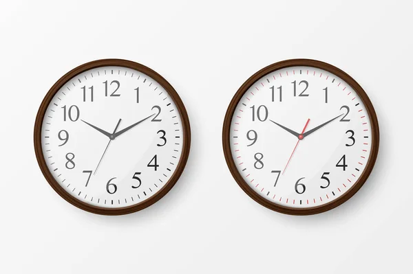 Vector 3d Realistic Simple Round Wooden Wall Office Clock mit weißem Zifferblatt Icon Set Nahaufnahme isoliert auf weißem Hintergrund. Design-Vorlage, Mock-up für Branding, Werbung. Ansicht von vorne oder von oben — Stockvektor