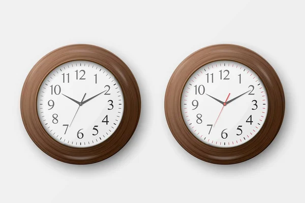 Vecteur 3d réaliste simple ronde Horloge murale en bois de bureau avec cadran blanc Icône Set Closeup isolé sur fond blanc. Modèle de conception, Maquette pour Branding, Publicité. Vue avant ou supérieure — Image vectorielle