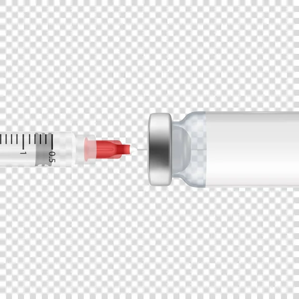 Vector 3d Realistic Bottle and syringe. Коронавирусная вакцина, ботокс, наполнители, инъекции, изоляция гиалуроновой кислоты. Шаблон разработки лекарственных ампул, макет. Концепция вакцинации. Вид спереди — стоковый вектор