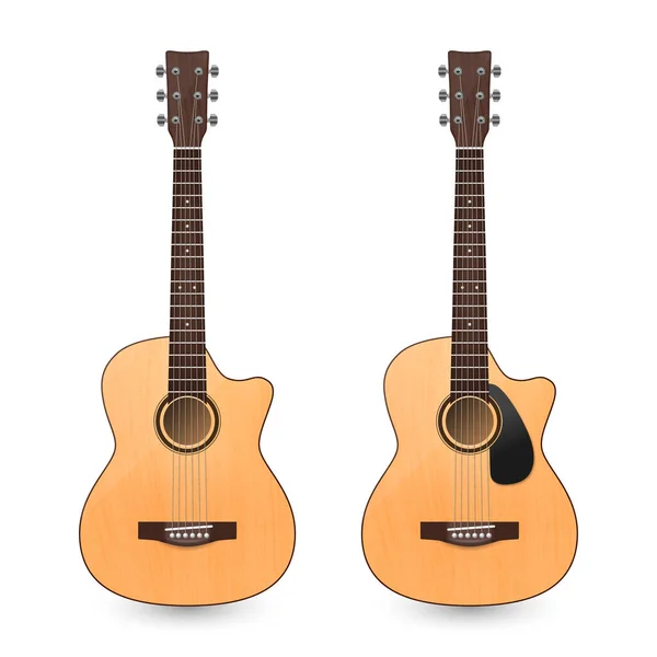 Vector 3d Realistic Old Retro Acoustic Brown Wooden Guitar Icon Set Nahaufnahme Isoliert auf weißem Hintergrund. Design Templte, Mockup, Clipart. Musikalisches Kunstkonzept — Stockvektor