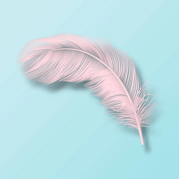 Vetor 3D Realista Queda Rosa Fluffy Twirled Flamingo Feather Icon Closeup Isolado no fundo azul. Modelo de design, Clipart de anjo ou pássaro Pena detalhada — Vetor de Stock
