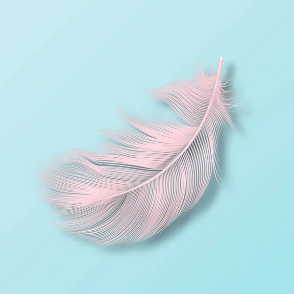 Vetor 3D Realista Queda Rosa Fluffy Twirled Flamingo Feather Icon Closeup Isolado no fundo azul. Modelo de design, Clipart de anjo ou pássaro Pena detalhada — Vetor de Stock