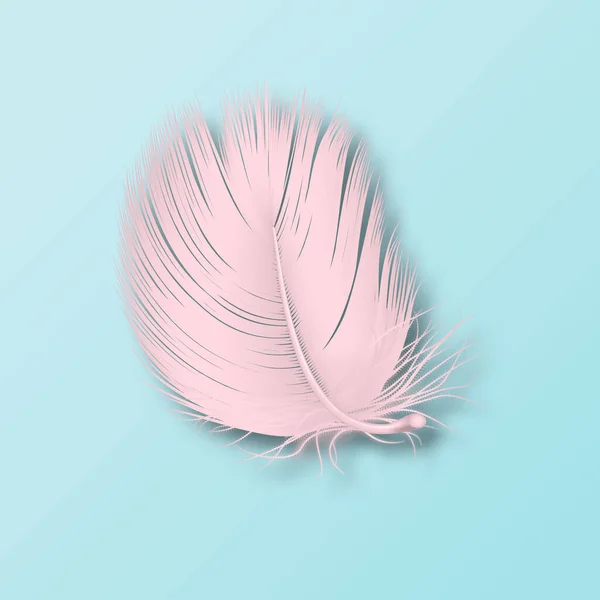 ベクトル3Dリアルな落下ピンクのふわふわの渦巻くフラミンゴの羽のアイコンの閉鎖は、青の背景に隔離されました。デザインテンプレート、天使の一部または鳥の詳細羽 — ストックベクタ