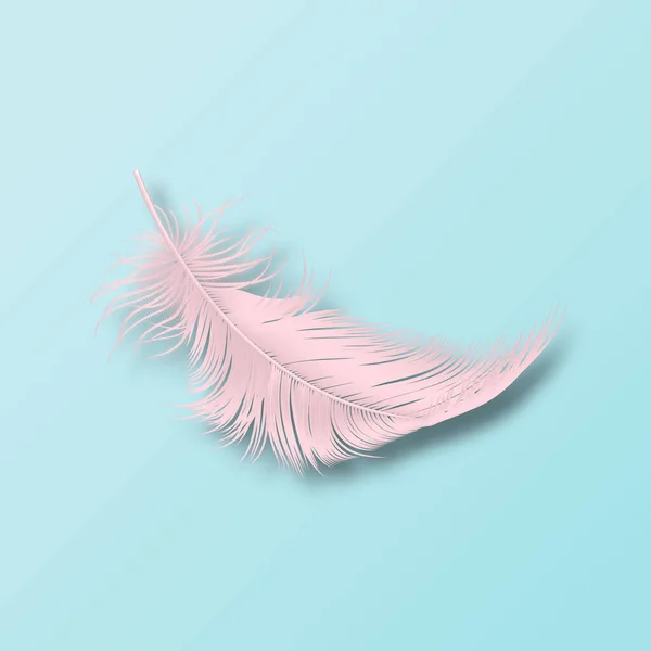 Vector 3d realista cayendo rosa esponjoso girado Flamingo Pluma icono primer plano aislado sobre fondo azul. Plantilla de diseño, Clipart de Ángel o Pájaro Pluma detallada — Vector de stock