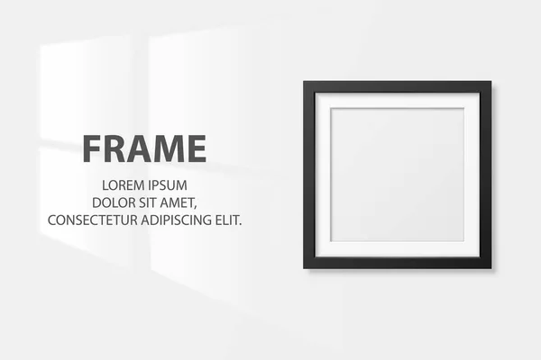 Vector 3d Realistic Square Black Wooden Simple Modern Frame Icon Closeup Isolated on White Wall Background with Window Light. 프레젠테이션에 사용 할 수있습니다. 전면 의 모우크 를 위한 설계 물 — 스톡 벡터