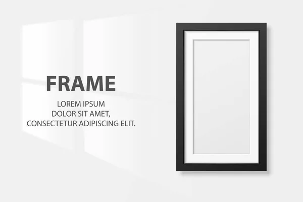 Vector 3d Realistic Square Black Wooden Simple Modern Frame Icon Closeup Isolated on White Wall Background with Window Light. 프레젠테이션에 사용 할 수있습니다. 전면 의 모우크 를 위한 설계 물 — 스톡 벡터