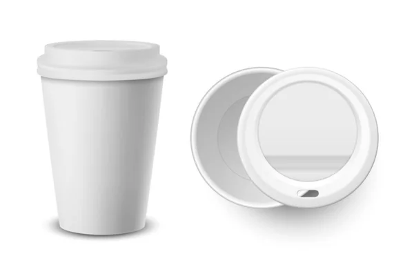 白い背景に分離された白い蓋セットの閉鎖と飲み物のためのベクトル3D現実的な白い使い捨て可能な開閉紙、プラスチックコーヒーカップ。デザインテンプレート、モックアップ。上と前のビュー — ストックベクタ