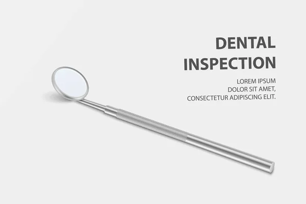 Dental Inspektion Banner, Plackard. Vektor 3d Realistisk Dental Inspektionsspegel för tänder närbild på vit bakgrund. Medicinsk tandläkarutrustning. Mall för utformning — Stock vektor