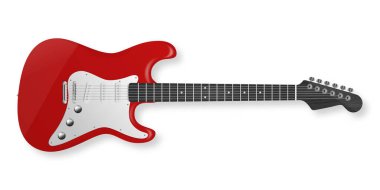 Vektör 3d Gerçekçi Kırmızı ve Beyaz Klasik Eski Retro Elektro Tahta Gitar Simgesi Kapanışı Beyaz Arkaplan 'da izole edildi. Tasarım Şablonu, Mockup, Clipart. Müzikal Sanat Konsepti. Üst Görünüm