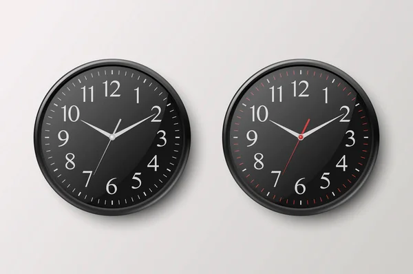 Vector 3d Realistic Simple Round Black Wall Office Clock with Black Dial Icon Set Zbliżenie Izolowane na białym tle. Wzór Szablon, Makieta dla marki, Reklamy. Widok z przodu lub z góry — Wektor stockowy