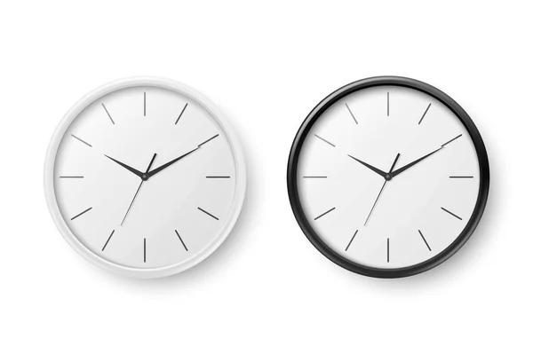 Векторний 3d реалістичний простий круглий білий і чорний настінний офісний годинник з білим набором піктограм набору крупним планом ізольовано на білому тлі. Шаблон дизайну, макет для брендингу, реклами. Передній або верхній перегляд — стоковий вектор