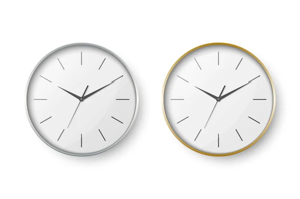 Vector 3d realista simple ronda de plata y oro pared reloj de oficina con esfera blanca icono conjunto primer plano aislado sobre fondo blanco. Plantilla de diseño, Maqueta para Branding, Anunciar. Vista frontal o superior — Vector de stock