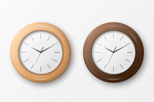 Vector 3d realistico semplice rotondo orologio da ufficio in legno con quadrante bianco Icona Set Primo Piano isolato su sfondo bianco. Modello di design, Mock-up per il Branding, Pubblicità. Vista frontale o superiore — Vettoriale Stock